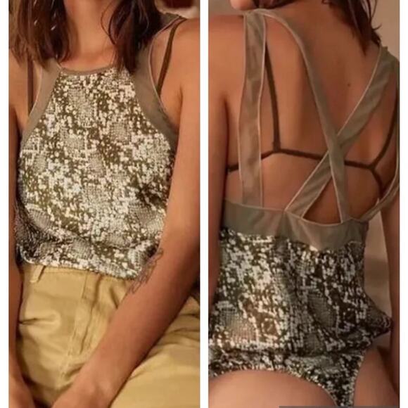 NEW Free People Night Out green Snake Skin print strappy thong Bodysuit - Picture 1 of 12